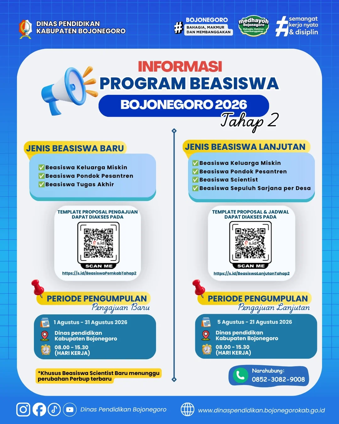 Poster pengumuman: Informasi Beasiswa Bojonegoro Tahap 2 Tahun 2026