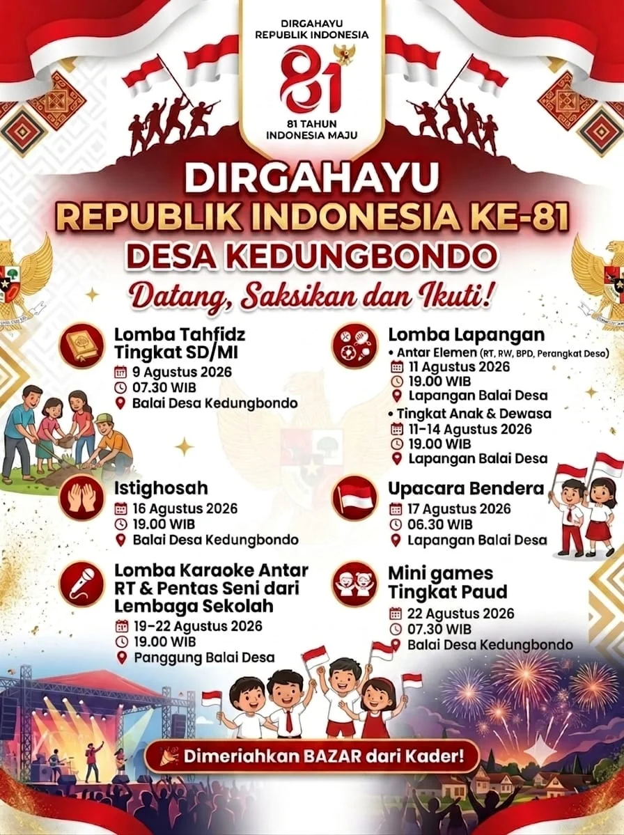 Poster pengumuman: Jadwal Kegiatan HUT RI ke-81 Desa Kedungbondo